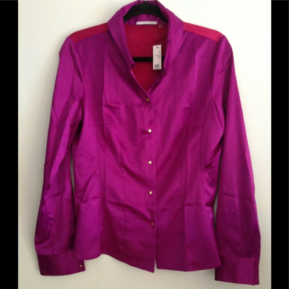 NWT T TAHARI Holiday Colorblock Satin Blouse Snap Closure Medium
